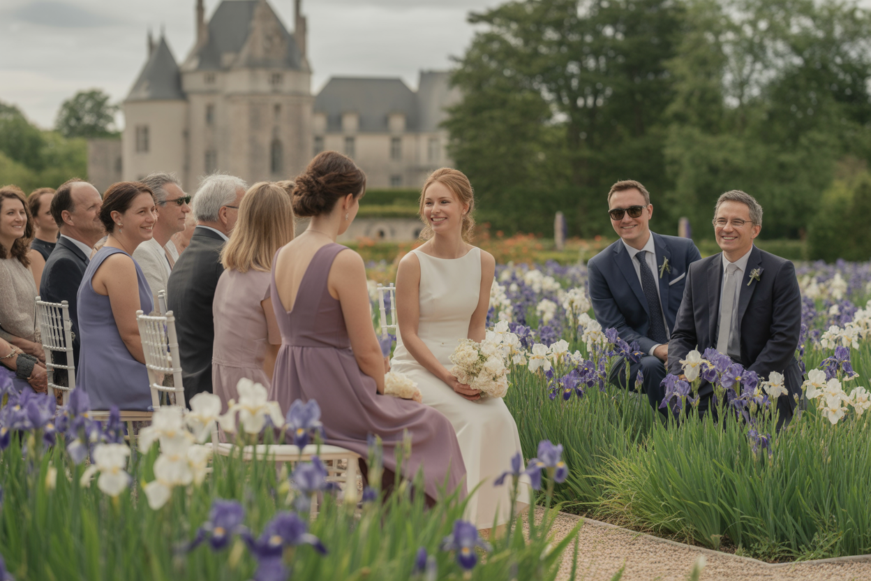 Un mariage se déroulant dans les magnifiques jardins fleuris des Portes des Iris à Vullierens, avec le château en arrière-plan.