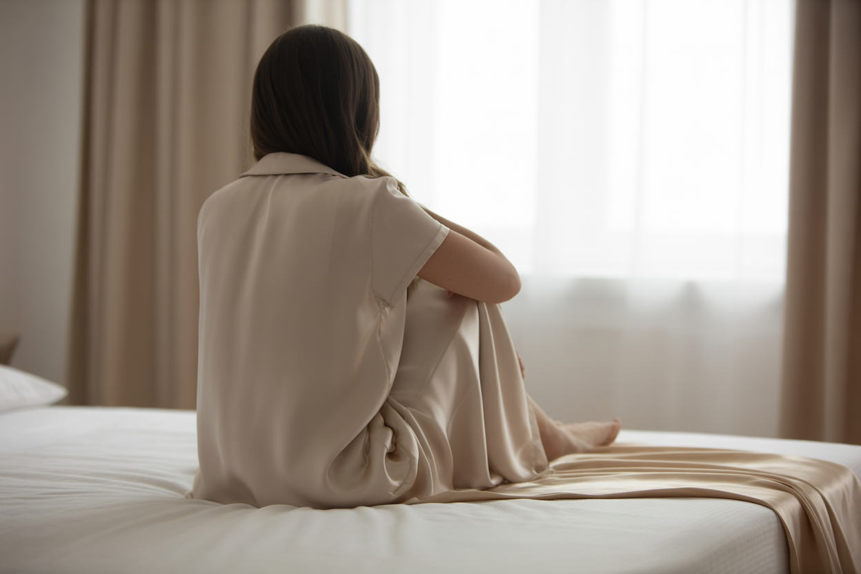 Une image à la lumière douce, on y voit une femme de dos sur un lit, juste drapée dans un tissu de soie, pour montrer toute la subtilité et l'élégance du style boudoir.