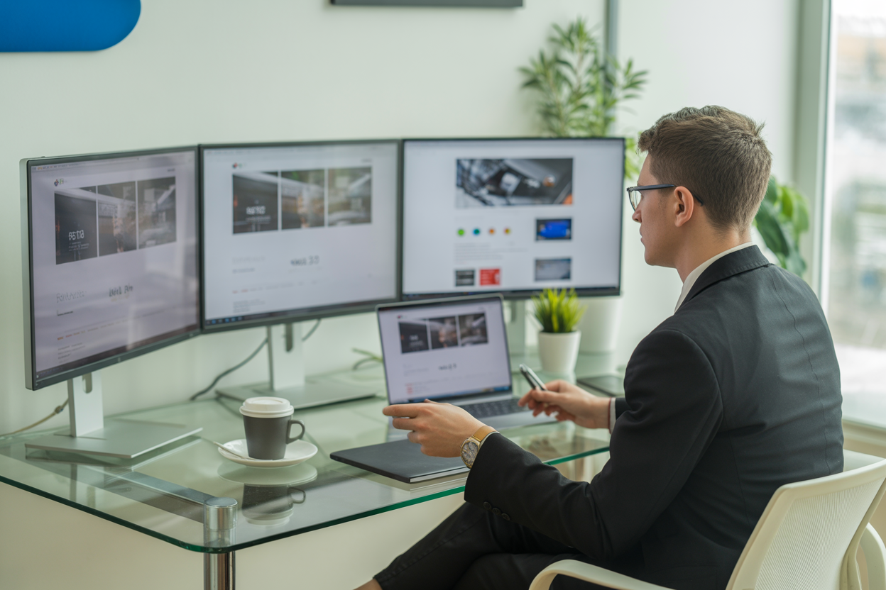 An artist at their desk, looking at a bunch of screens with different website designs, showing what it's like to manage multiple sites at once.