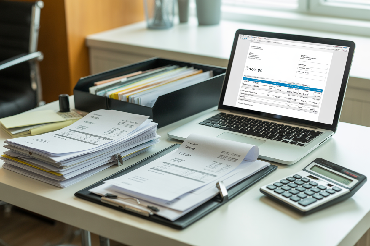 Une photo qui résume bien la situation : un bureau bien rangé avec des factures empilées, un ordinateur portable ouvert sur un logiciel de compta et une calculatrice. L'image même de la rigueur documentaire.