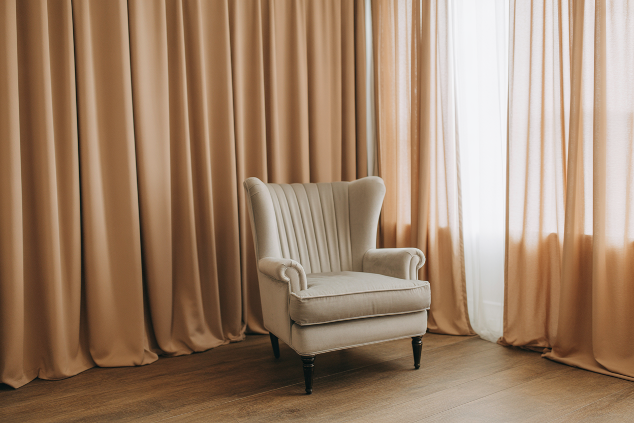 Une photo d'un studio de photographie confortable et élégamment décoré, avec un éclairage doux, un fauteuil chic et des drapés, suggérant un environnement sécurisant pour une séance boudoir.