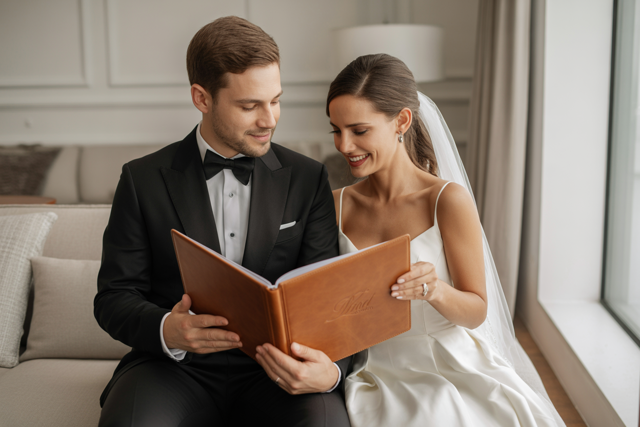 Un couple de mariés souriant, regardant avec émotion un album photo de mariage élégant qu'ils tiennent entre leurs mains.