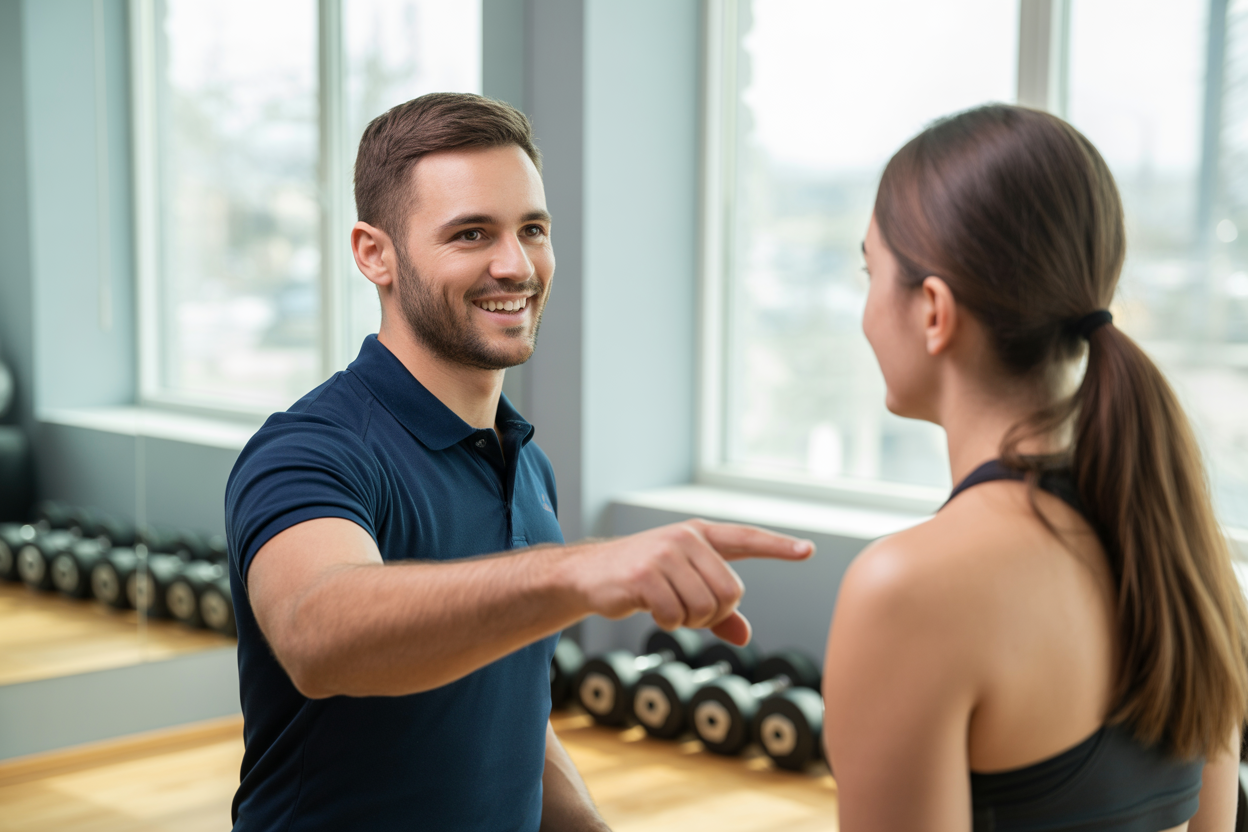 Un coach personnel souriant discutant avec un client dans un espace de fitness privé et moderne, symbolisant une approche personnalisée.