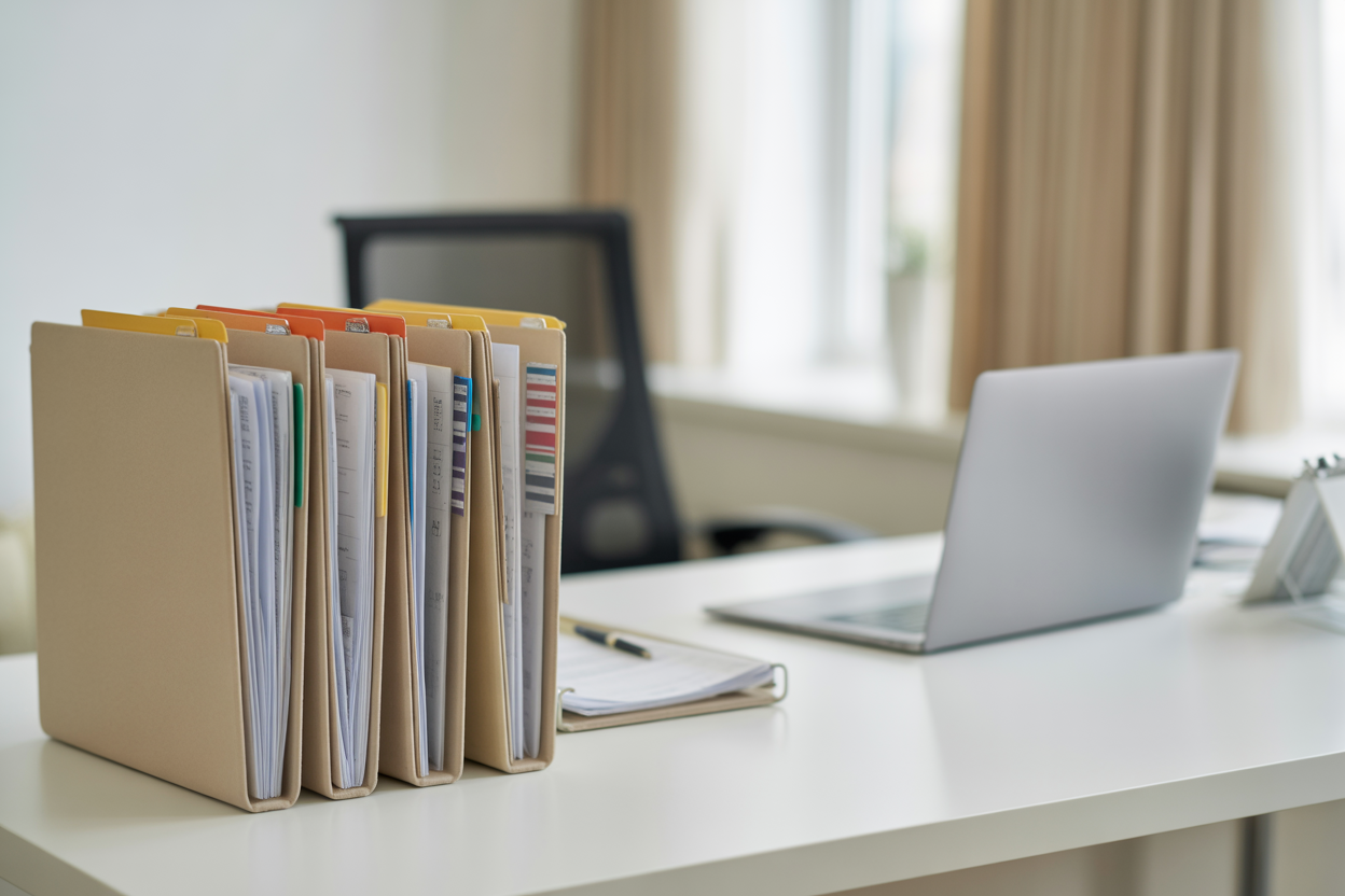 Photo d'une pile de documents bien organisés sur un bureau, symbolisant l'importance de la préparation pour réduire les coûts fiduciaires.