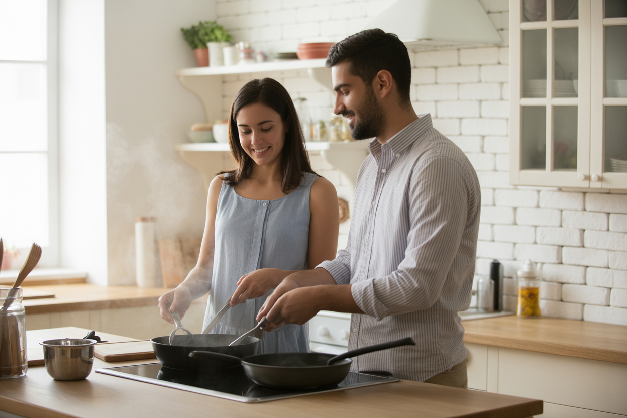 Un couple partageant un moment de complicité dans sa cuisine, avec une lumière naturelle douce.