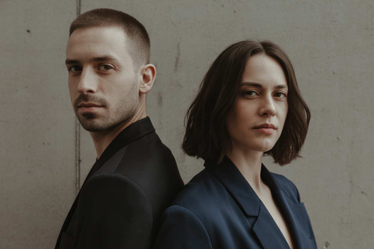 Un portrait de couple pris au flash direct, créant un look éditorial avec des ombres marquées et un style audacieux.