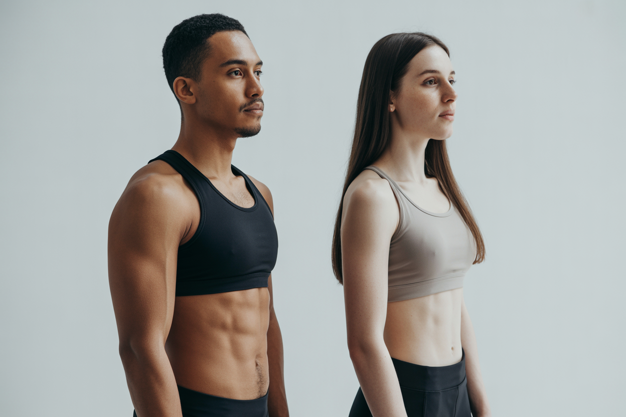 Une image comparative de deux silhouettes humaines ayant le même poids et la même taille, mais l'une est musclée et l'autre a un pourcentage de graisse plus élevé, illustrant les limites de l'IMC.