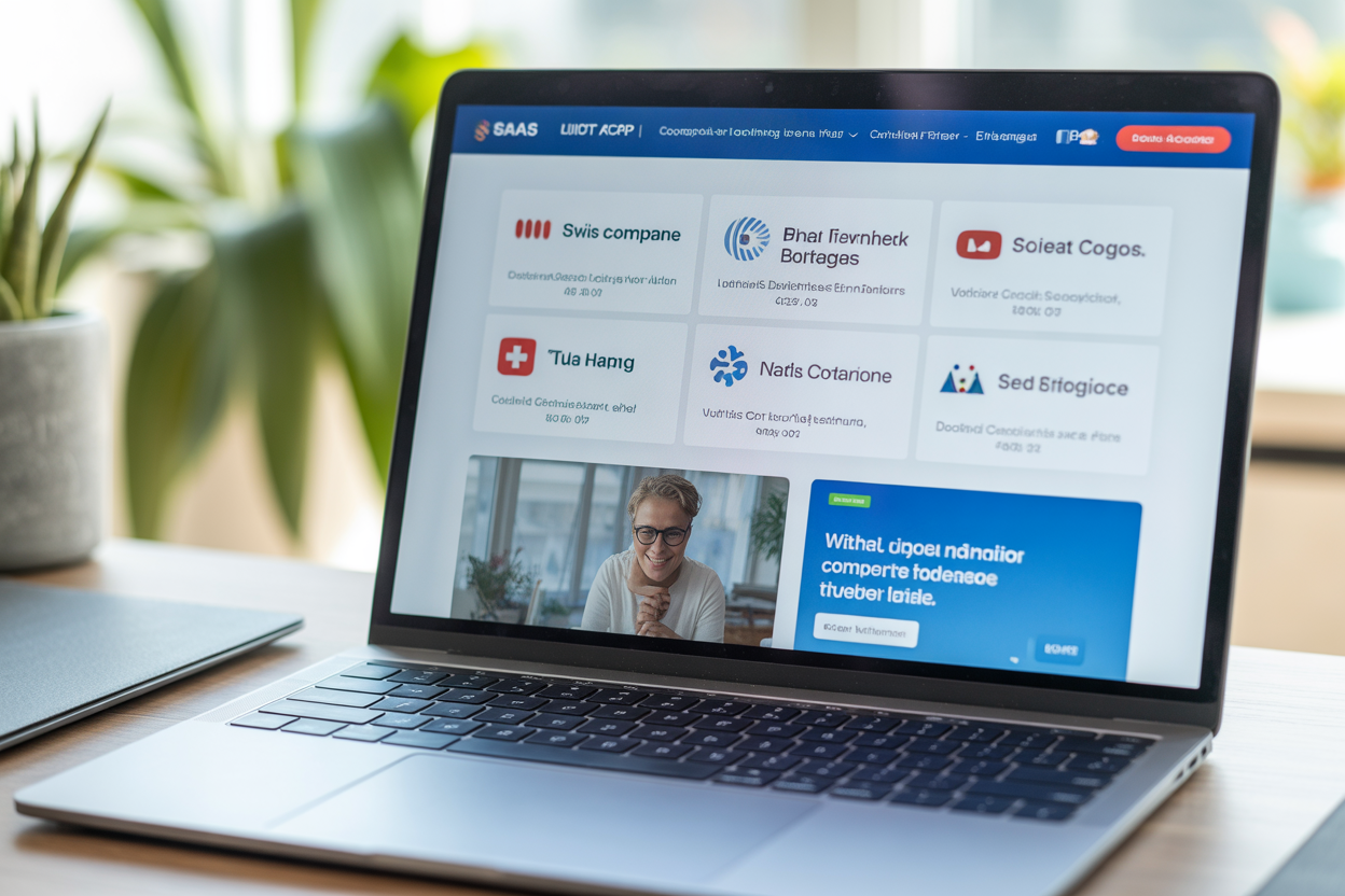 Exemple d'une page d'accueil d'un site SaaS montrant des logos de clients suisses, un badge de conformité LPD et un témoignage client.