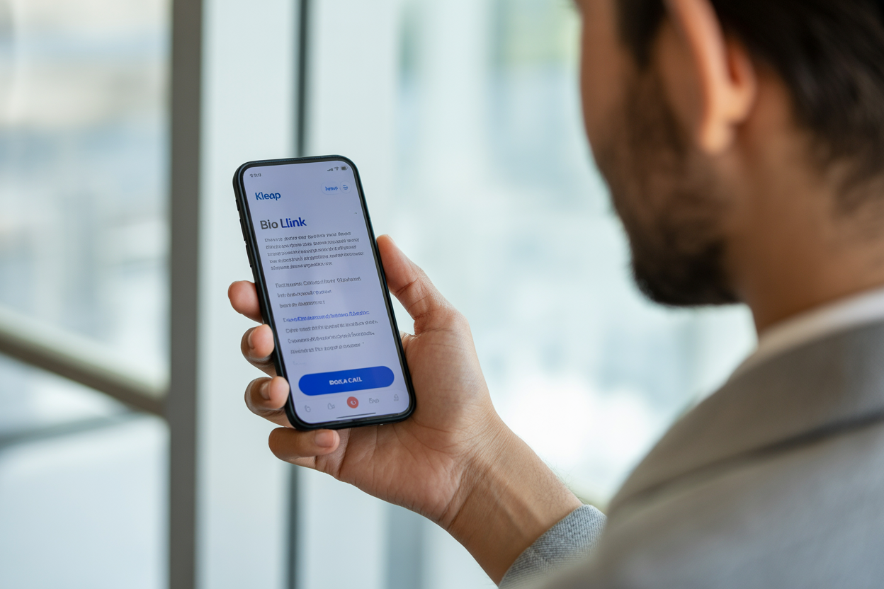 A peek at a Kleap bio link page on a phone, where you can see the 'Book a Call' button is front and center.