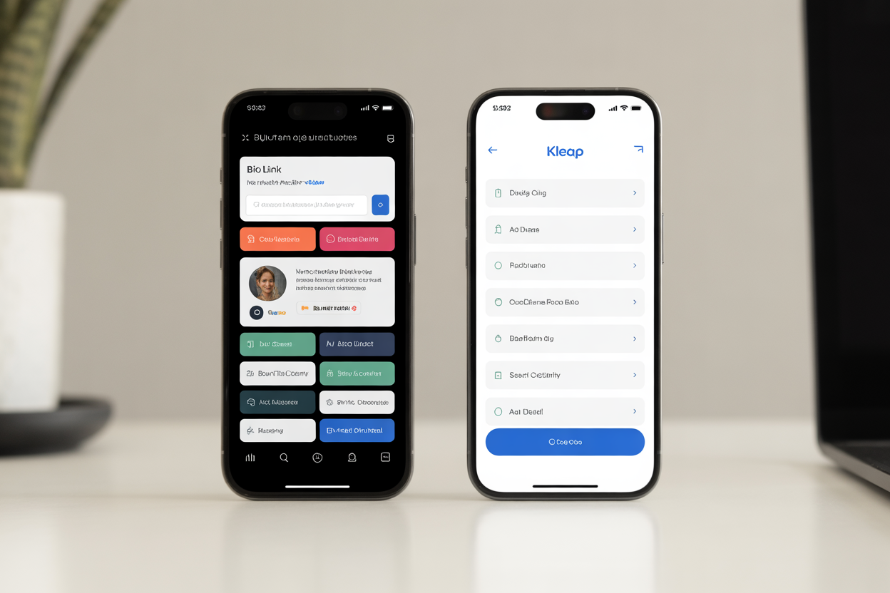 Check out the difference: a cluttered bio link page next to a clean, branded one made with Kleap.