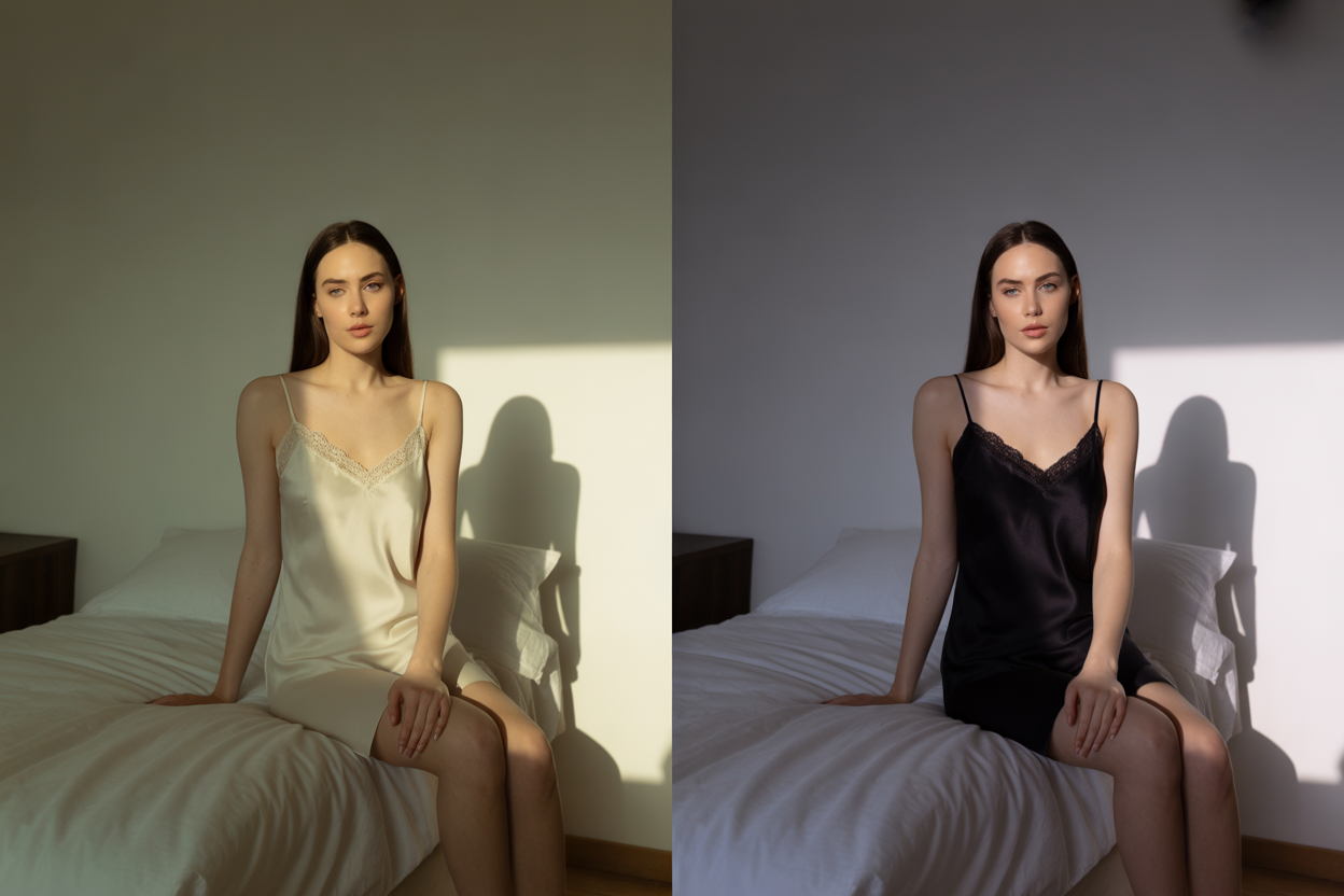 Deux images côte à côte. À gauche, une photo boudoir intime et naturelle. À droite, une photo glamour très stylisée avec maquillage et éclairage de studio.