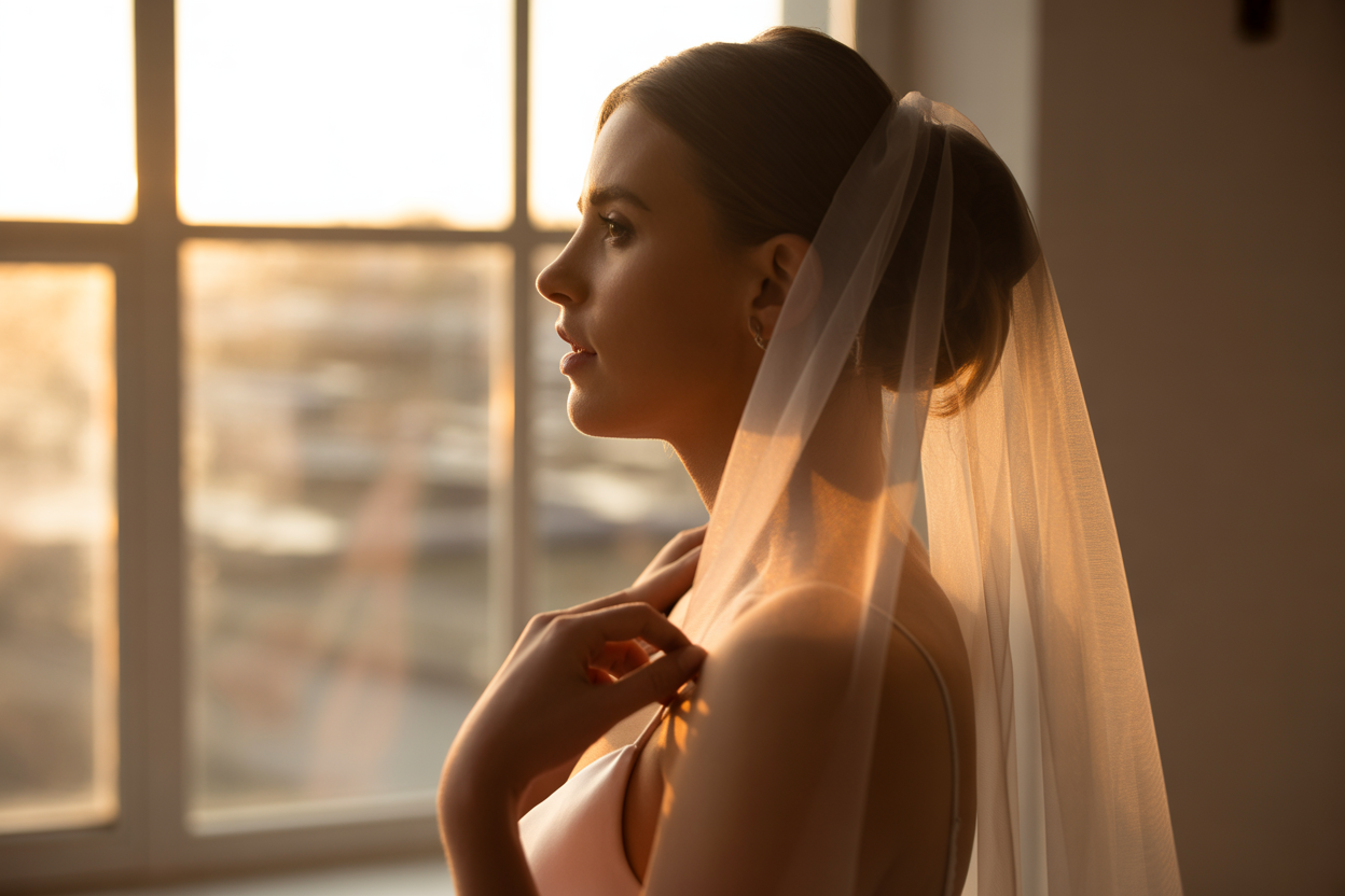 Une superbe photo boudoir qui joue avec le contre-jour : on y voit la silhouette d'une femme près d'une fenêtre, drapée dans un voile léger. Ça évoque tout de suite le mystère et la douceur.