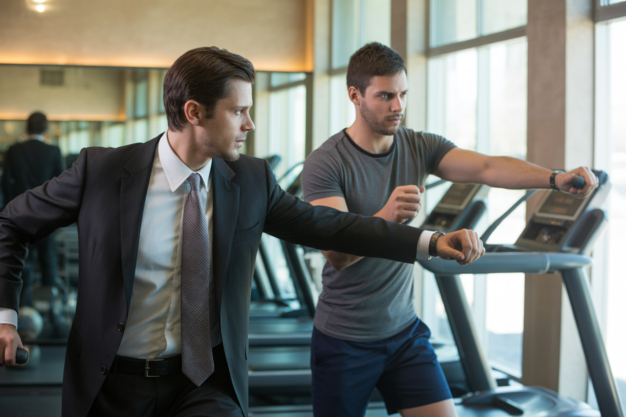 Un professionnel occupé effectuant une séance de coaching privé intense mais courte dans un studio de fitness exclusif.