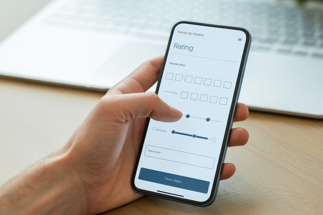 A visually appealing form on a smartphone screen that demonstrates various input types: a slider for a rating, radio buttons for a multiple-choice question, and a clean text field for a name.