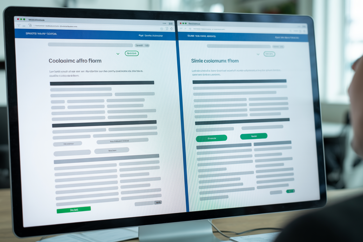 A diagram showing the difference between a multi-column form layout and a single-column layout. The single-column layout is highlighted with a green checkmark, showing a clear, linear path for the user's eye to follow.