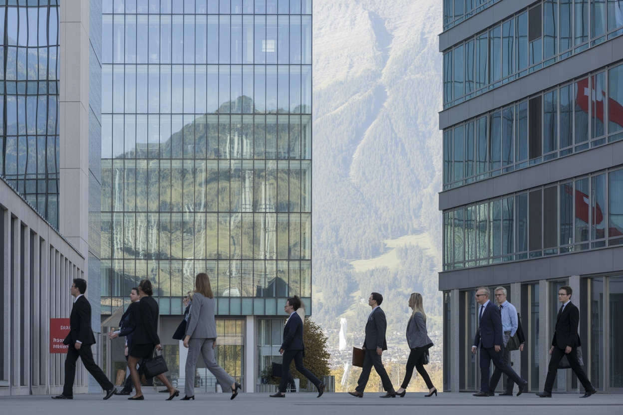 A stylized map of Switzerland highlighting the French, German, and Italian speaking regions, with icons representing key industries like finance, pharma, and technology.