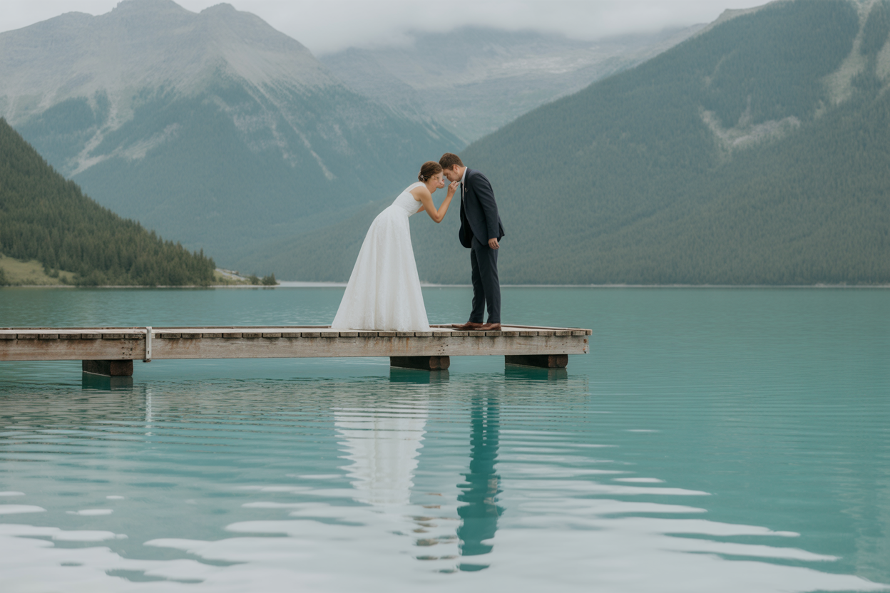 Un couple partage son 'first look' au bord d'un lac suisse, avec les montagnes en arrière-plan, créant une scène intime et spectaculaire.