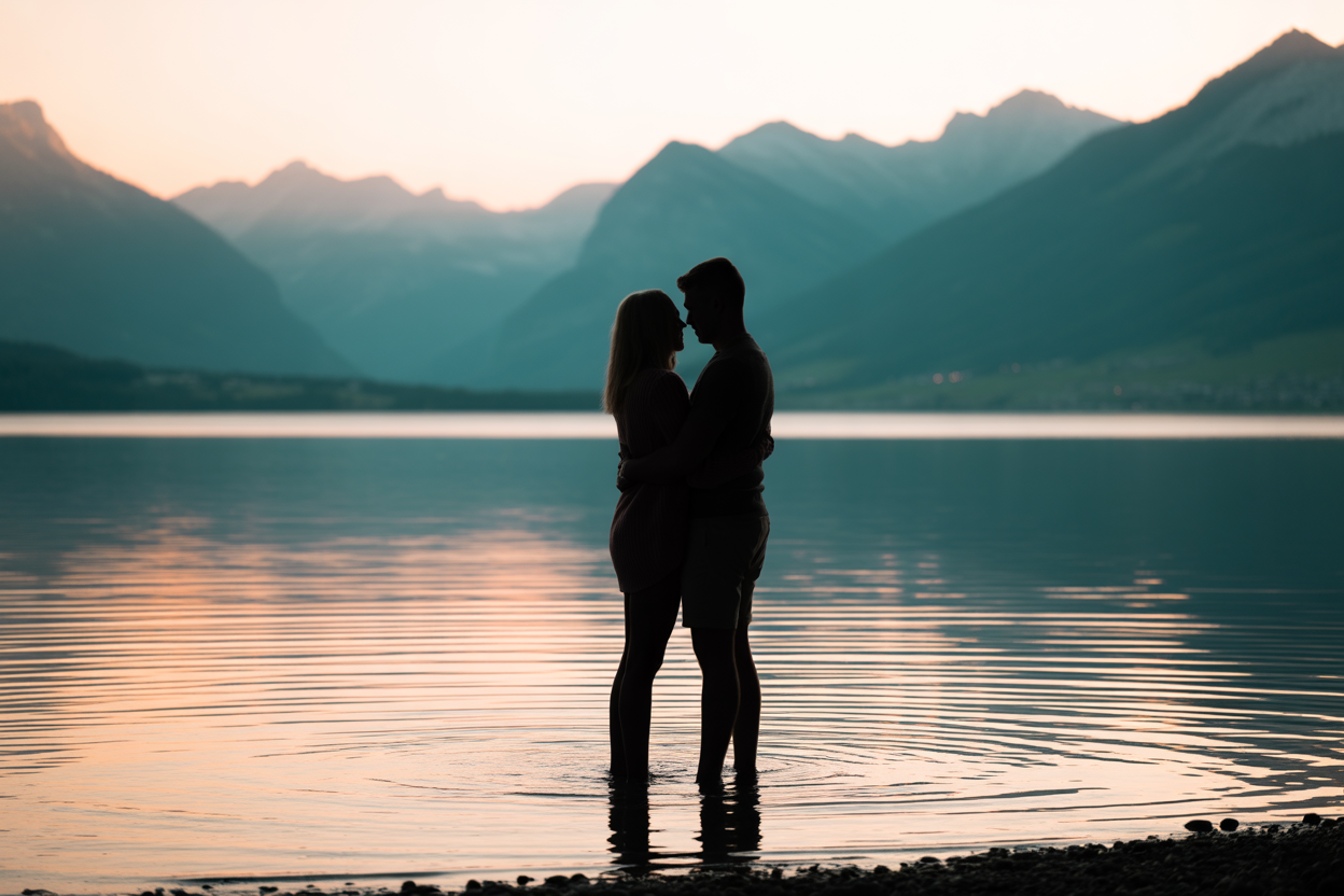 Un couple s'enlace tendrement au bord d'un lac suisse pendant la 'golden hour', baigné dans une lumière dorée et douce qui crée une atmosphère romantique.