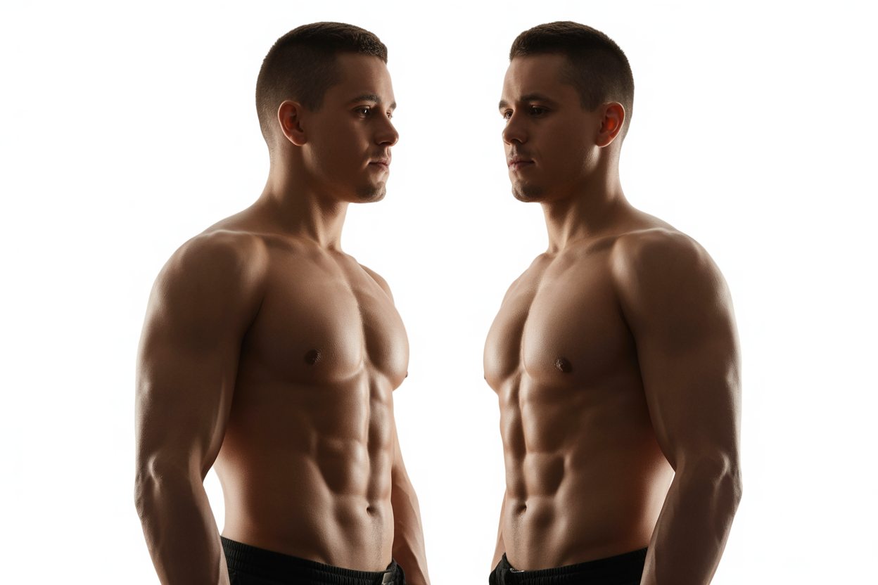 Image comparative montrant deux silhouettes humaines avec le même poids et IMC, mais une composition corporelle très différente. L'une est musclée et athlétique, l'autre a un pourcentage de graisse corporelle plus élevé.