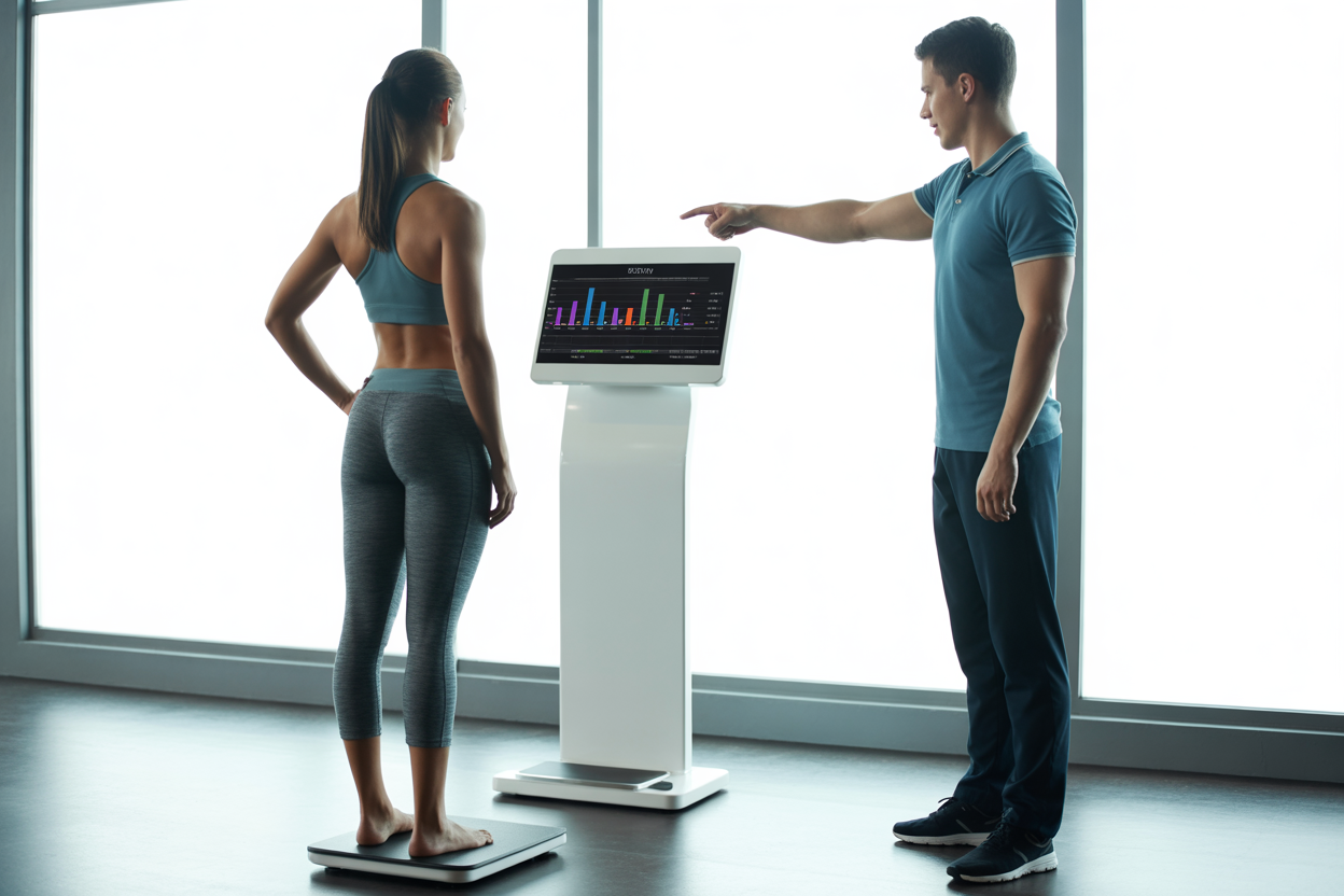Une personne utilisant une balance à impédancemétrie professionnelle, avec un coach qui analyse les résultats affichés sur un écran.