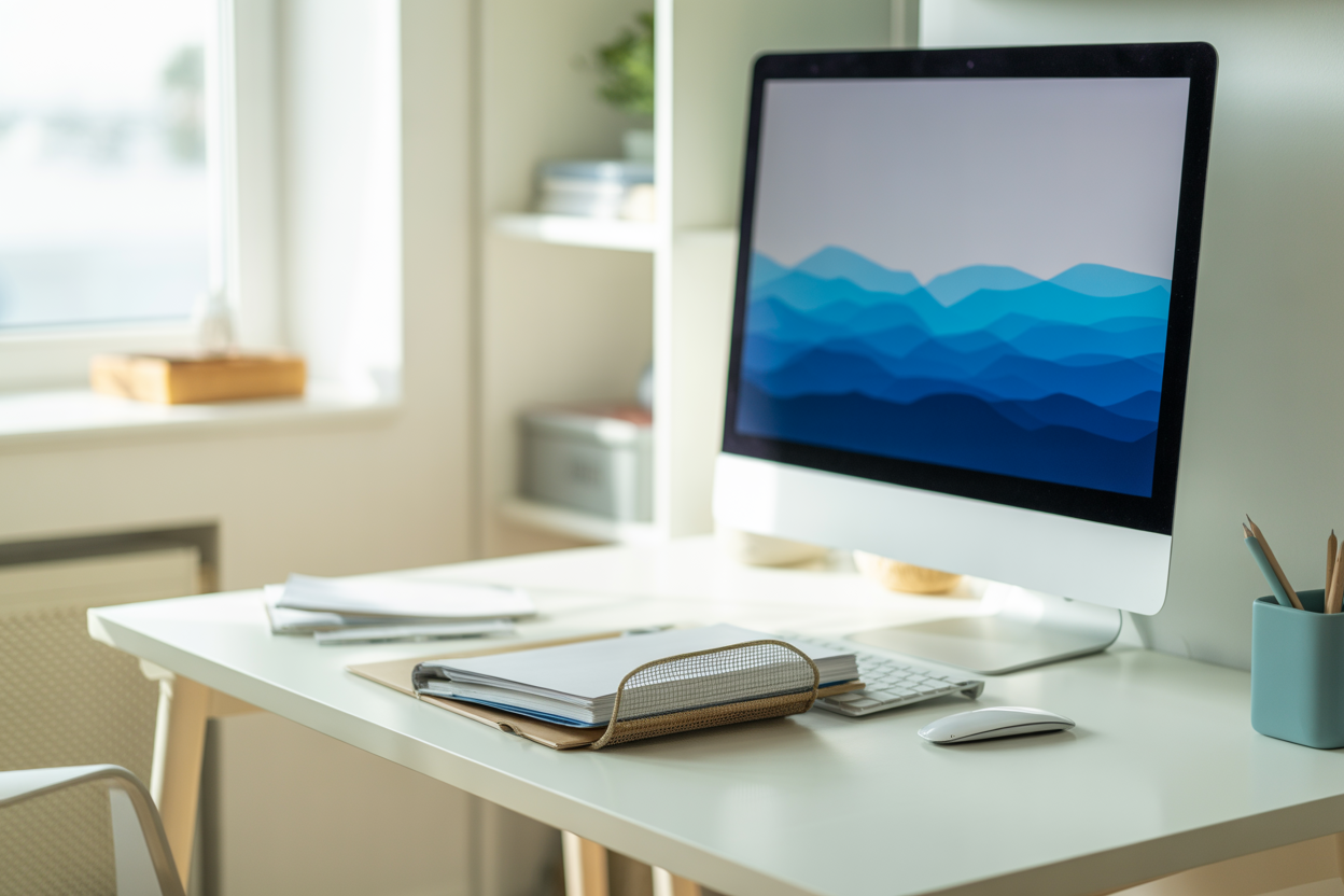 Une photo d'un bureau moderne et bien rangé, avec des papiers fiscaux et un ordinateur, pour montrer le sérieux, la conformité et une gestion financière sans stress.