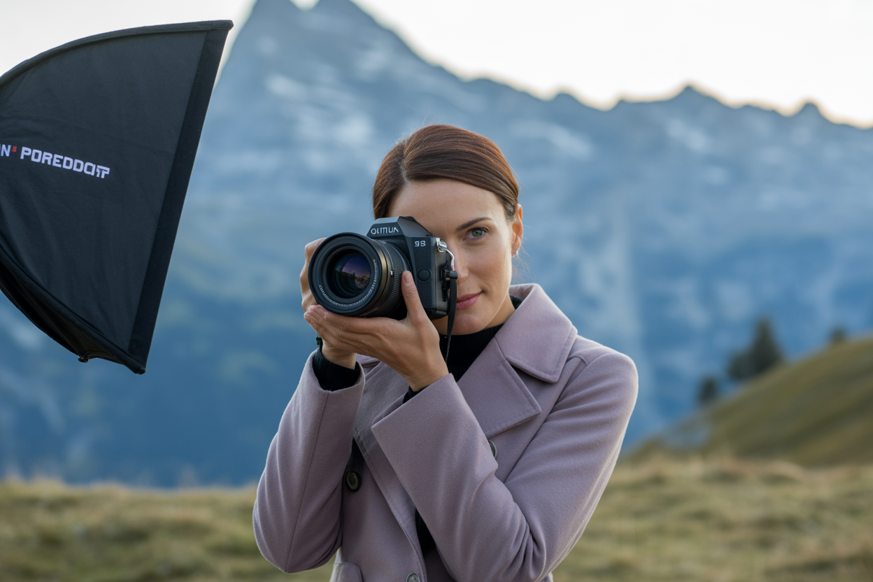 Un photographe professionnel en plein travail lors d'un shooting en extérieur en Suisse, en train de saisir le portrait parfait avec son équipement pro.