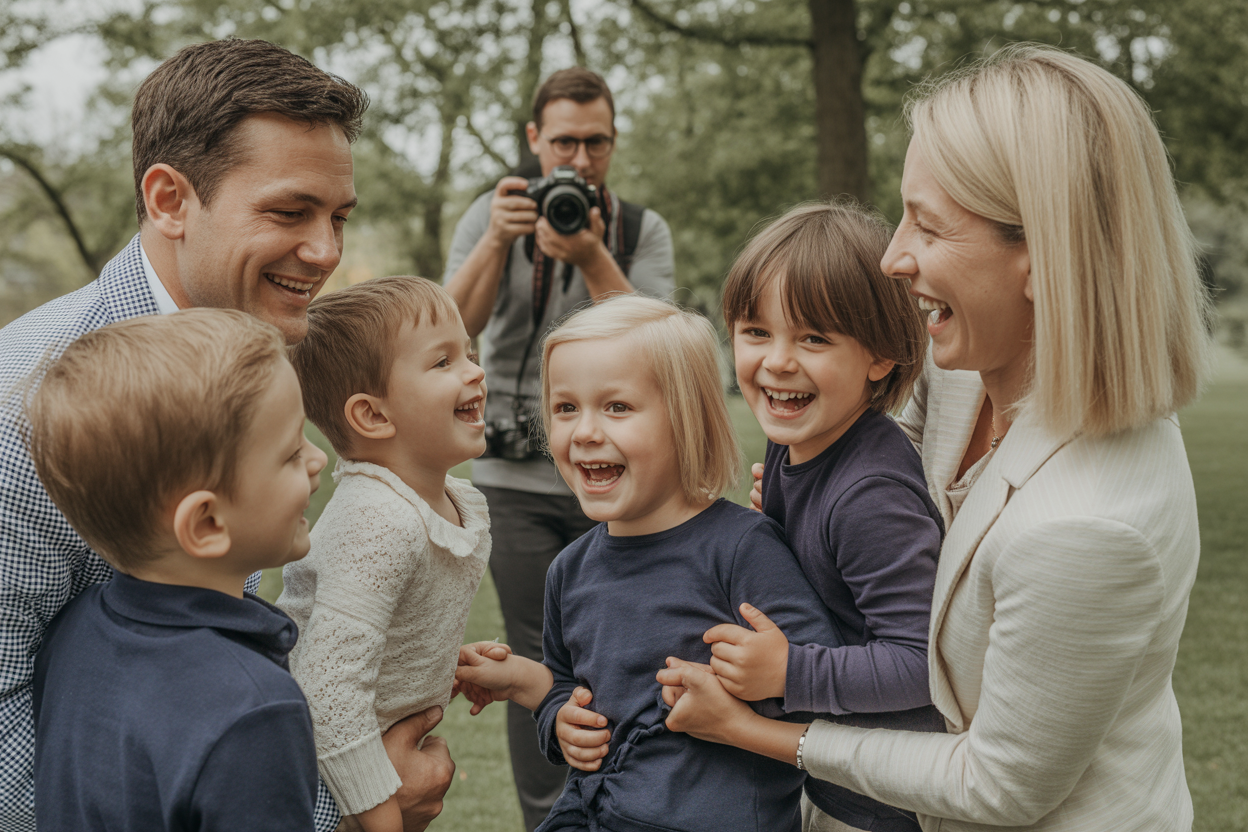 Une photo de famille heureuse prise en extérieur par un photographe professionnel, montrant une interaction naturelle et joyeuse.