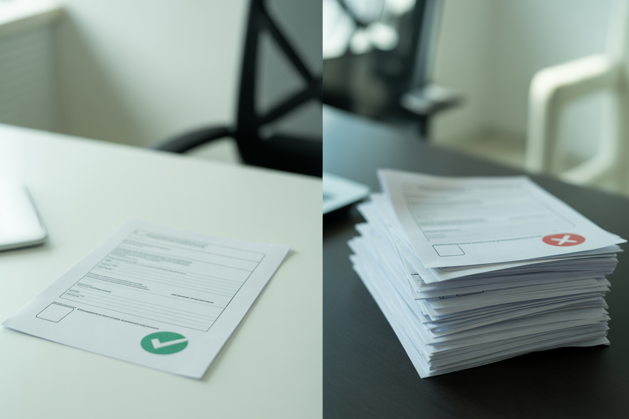 An image comparing two forms: a short, simple one with a green checkmark, and a long, complicated one with a big red X.