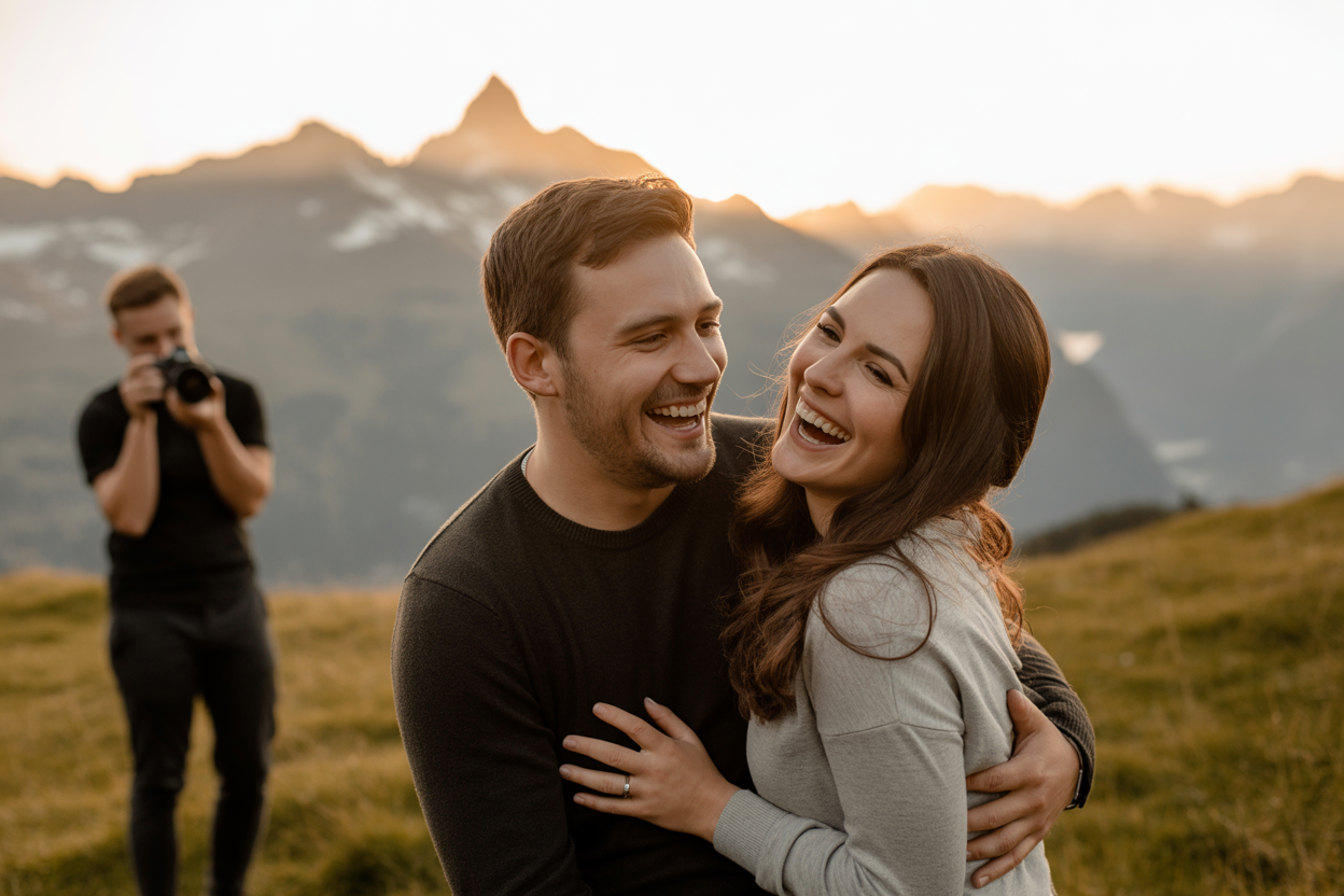 Un couple riant lors d'une séance photo de fiançailles dans un paysage montagneux suisse, capturant un moment de joie spontanée.