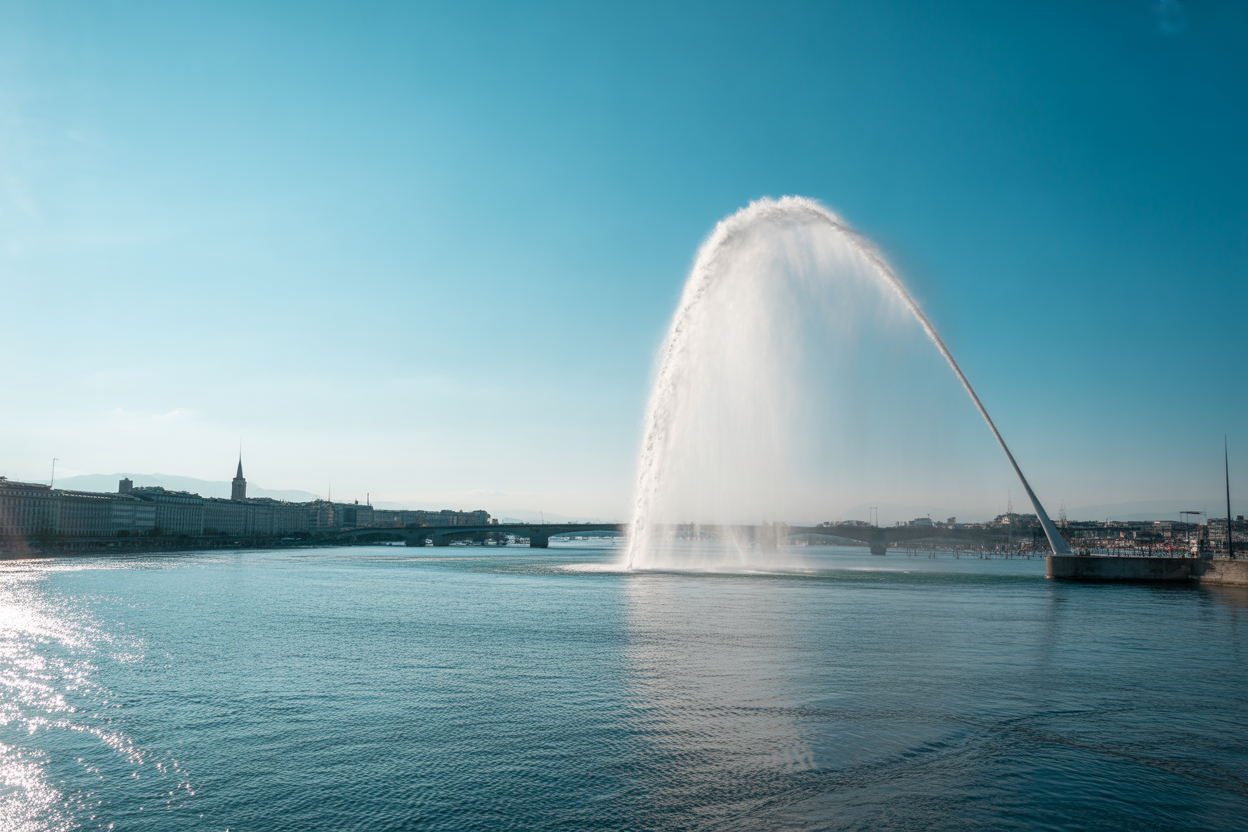 A photograph of the Jet d'Eau in Geneva with modern business-related icons overlaid, representing finance and accounting.
