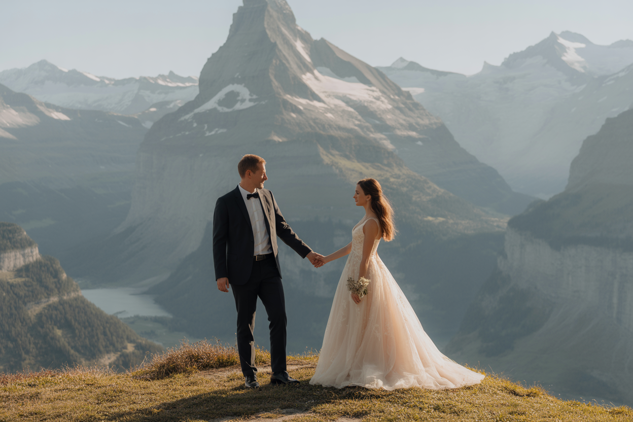 Un couple de mariés se tenant la main et regardant un paysage montagneux suisse, symbolisant la planification de leur mariage.