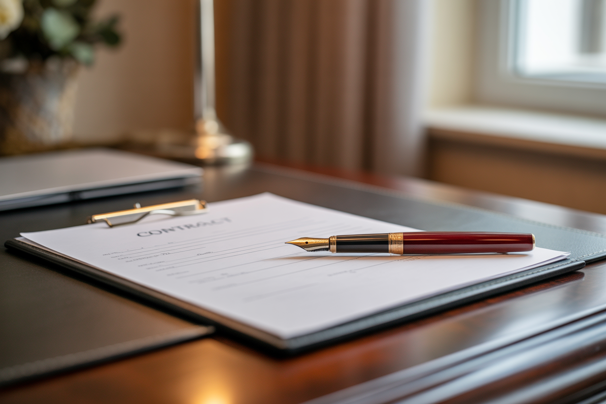 Gros plan sur un contrat de mariage, une plume posée dessus, comme une image de l'accord et de l'engagement pris.