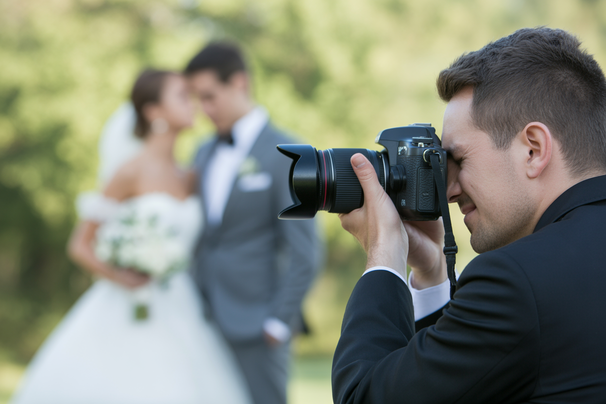 Un photographe professionnel ajustant son appareil photo avec un couple de mariés en arrière-plan flou, illustrant le côté technique.
