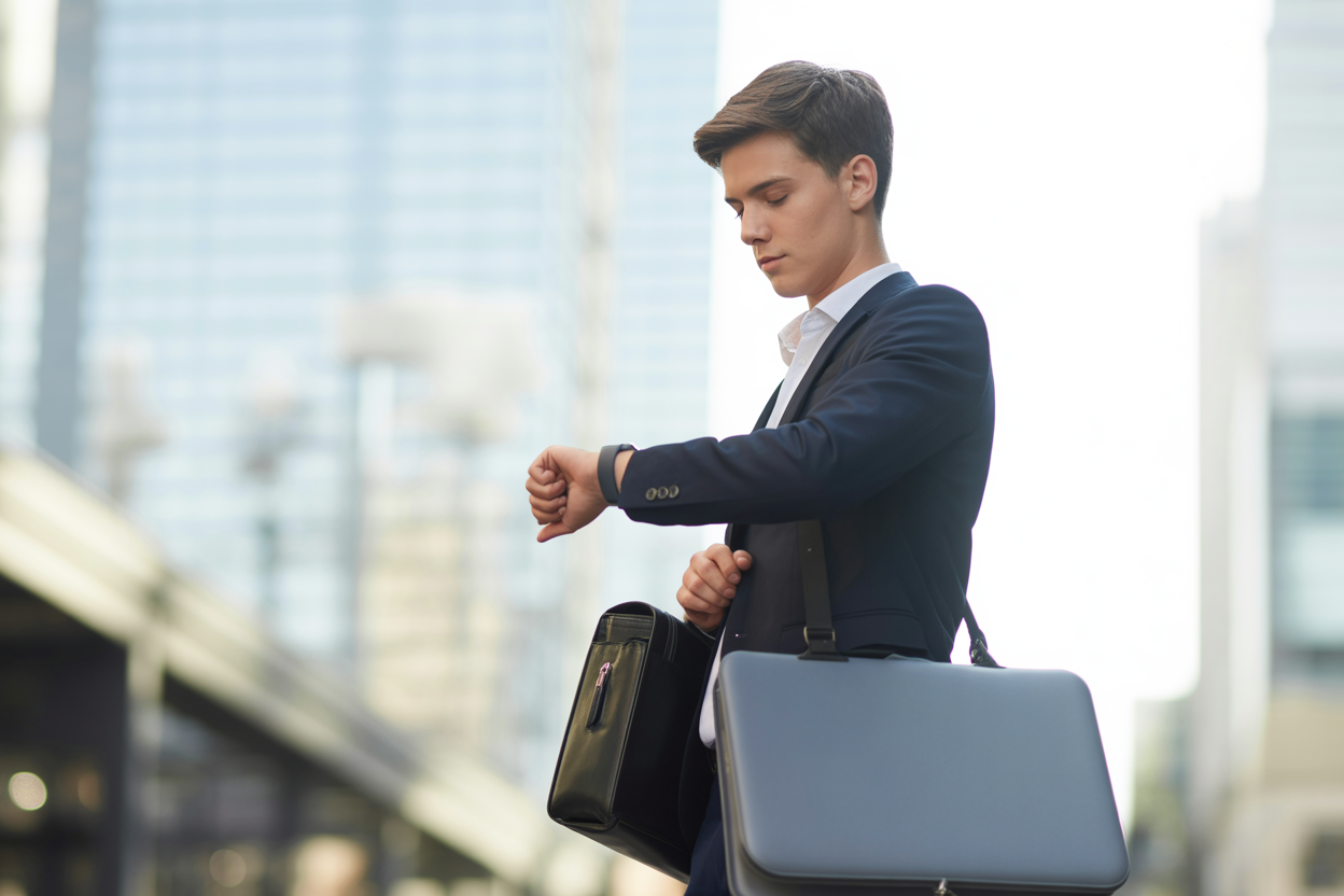 Un professionnel en tenue de ville regarde sa montre, avec un sac de sport à ses pieds, symbolisant l'équilibre à trouver entre une carrière prenante et un mode de vie actif.