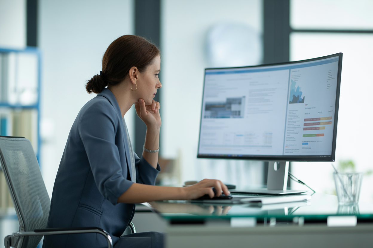 A picture of a professional editor sitting at a desk, carefully looking over a document on a screen that has graphs and text, representing the human review of AI content.