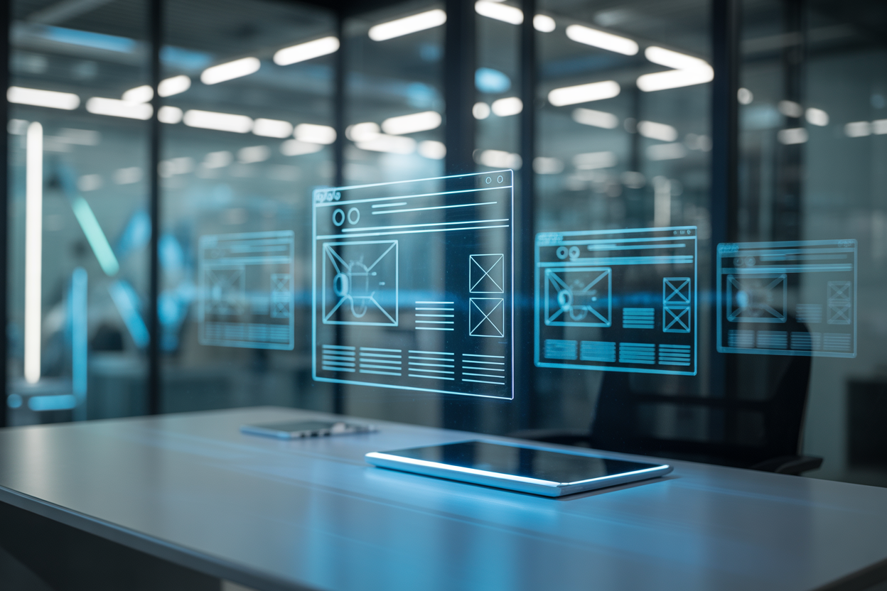 A futuristic, abstract image with glowing nodes and code lines, showing AI's power to build website structures.