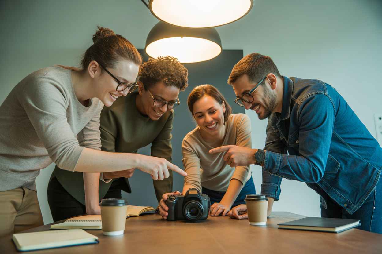 Un petit groupe de personnes participant à un cours de photographie, examinant un appareil photo ensemble dans une ambiance d'apprentissage collaborative.