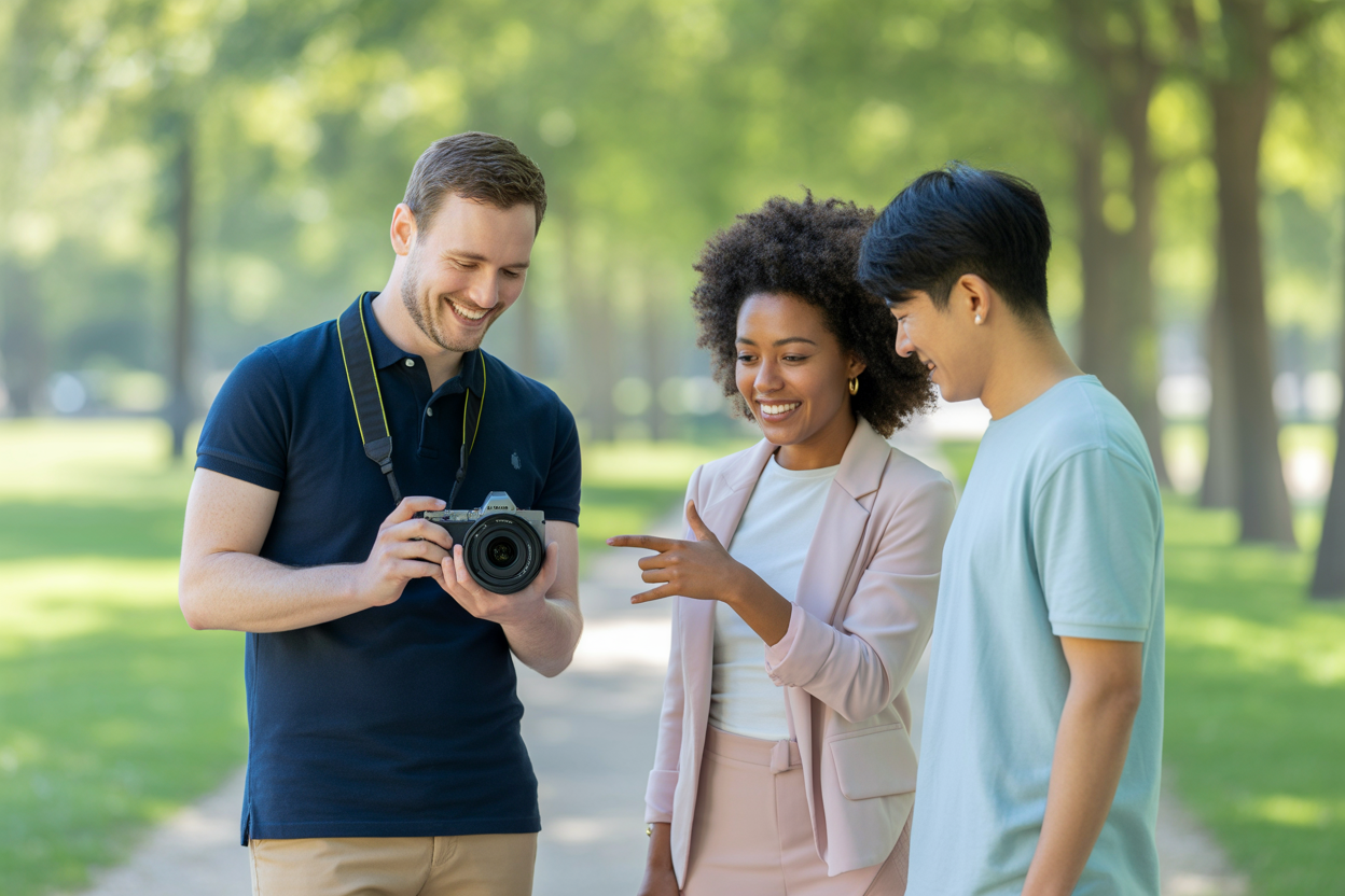 Un photographe professionnel discutant avec un couple d'origines diverses lors d'une séance photo en extérieur, illustrant la communication multilingue.