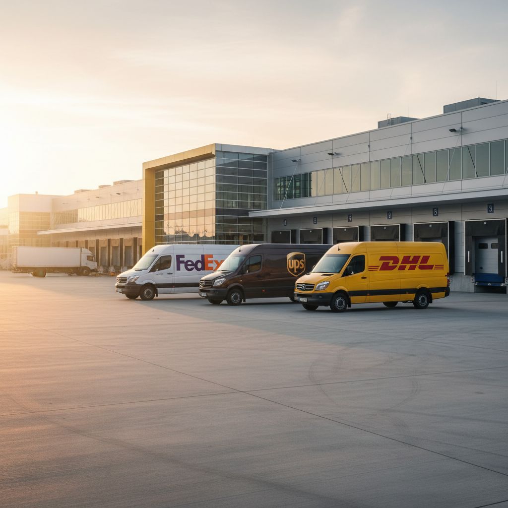 Logos des transporteurs alternatifs comme FedEx, UPS et DHL, présentés comme des solutions viables pour l'expédition internationale.