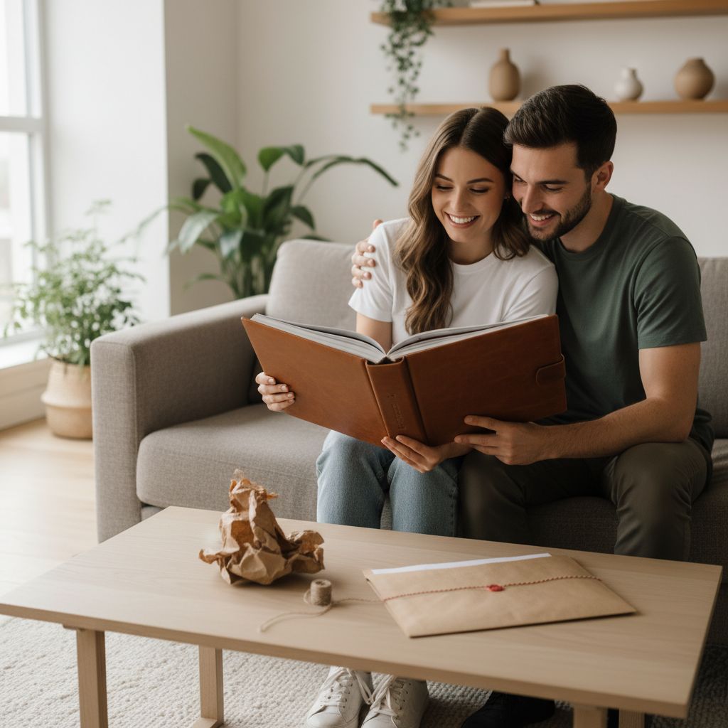 Un couple tout sourire qui reçoit enfin son magnifique album photo. C'est l'image même de la satisfaction, quand tout se termine bien malgré les galères de livraison.