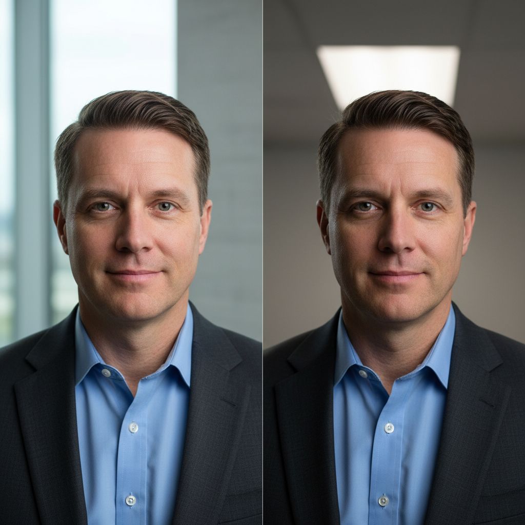 Comparaison de deux portraits : un avec un éclairage naturel et doux, l'autre avec une lumière directe et dure créant des ombres marquées sur le visage.