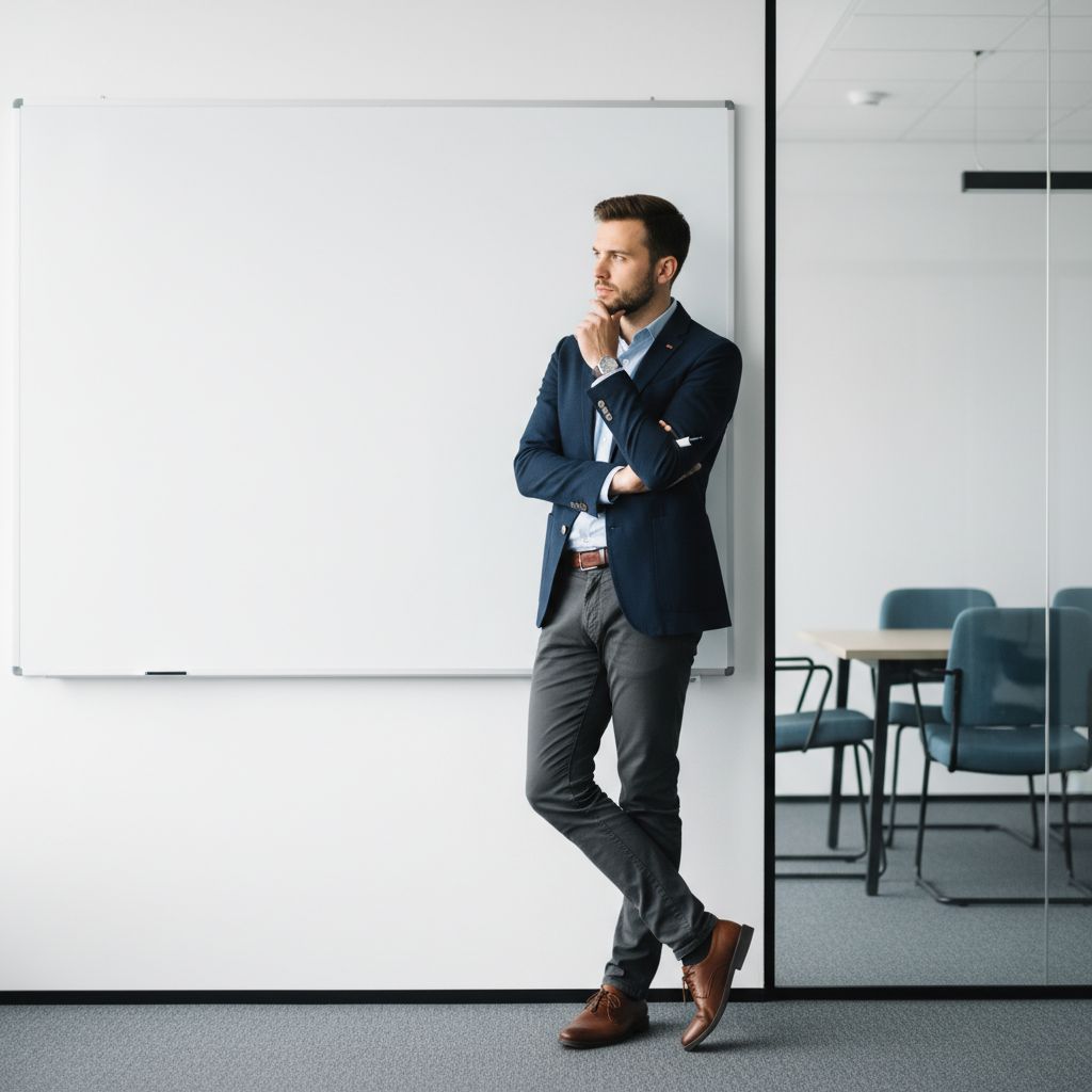 Un entrepreneur devant un tableau blanc, l'air de peser le pour et le contre entre une fiduciaire et un comptable indépendant.