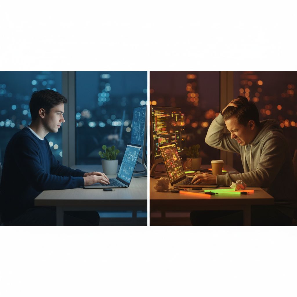 This is a split-screen image. On the left, a person is relaxed and focused on their laptop creating business content, with a checkmark icon that says 'Automated Maintenance'. But on the right, a person looks stressed out, trying to juggle a bunch of warning signs and update notifications on their screen under the label 'Manual Maintenance'.