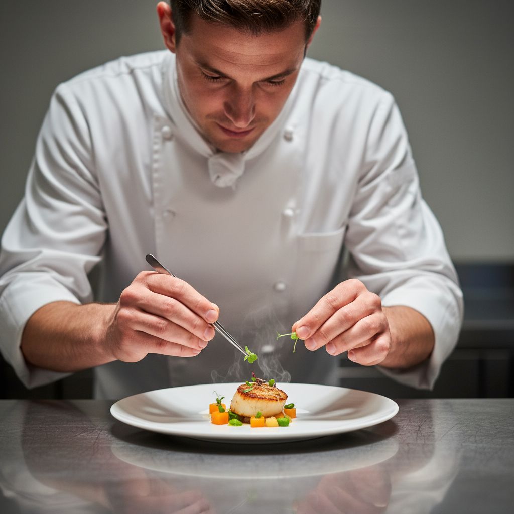 Un chef qui dresse méticuleusement une assiette gastronomique, avec des pinces, sous une bonne lumière.
