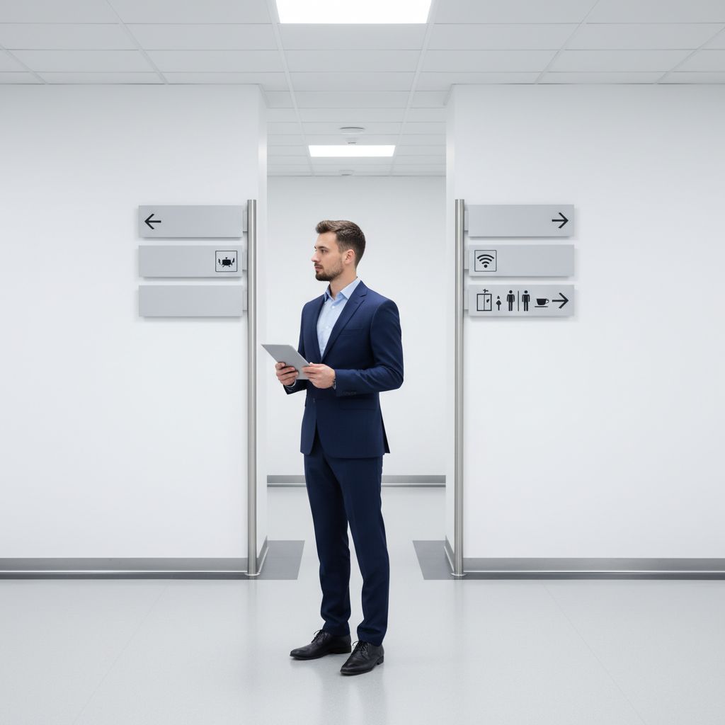 A picture of a person at a crossroads, with signs pointing to different website builder features like 'E-commerce,' 'Design Flexibility,' and 'Budget.'