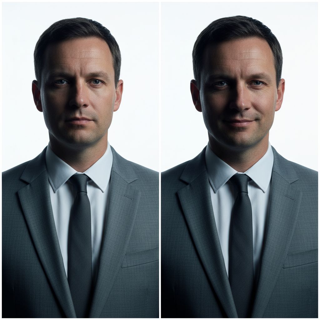 Visuel comparatif : à gauche, une photo d'identité parfaite (lumière uniforme, expression neutre), et à droite, une photo ratée (ombres sur le visage, sourire).
