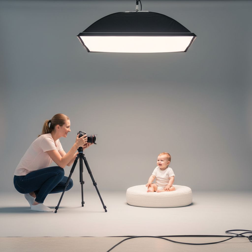 Un photographe de photopros.ch prenant en photo un bébé pour une photo d'identité, avec une configuration de studio adaptée pour assurer la conformité et le confort.