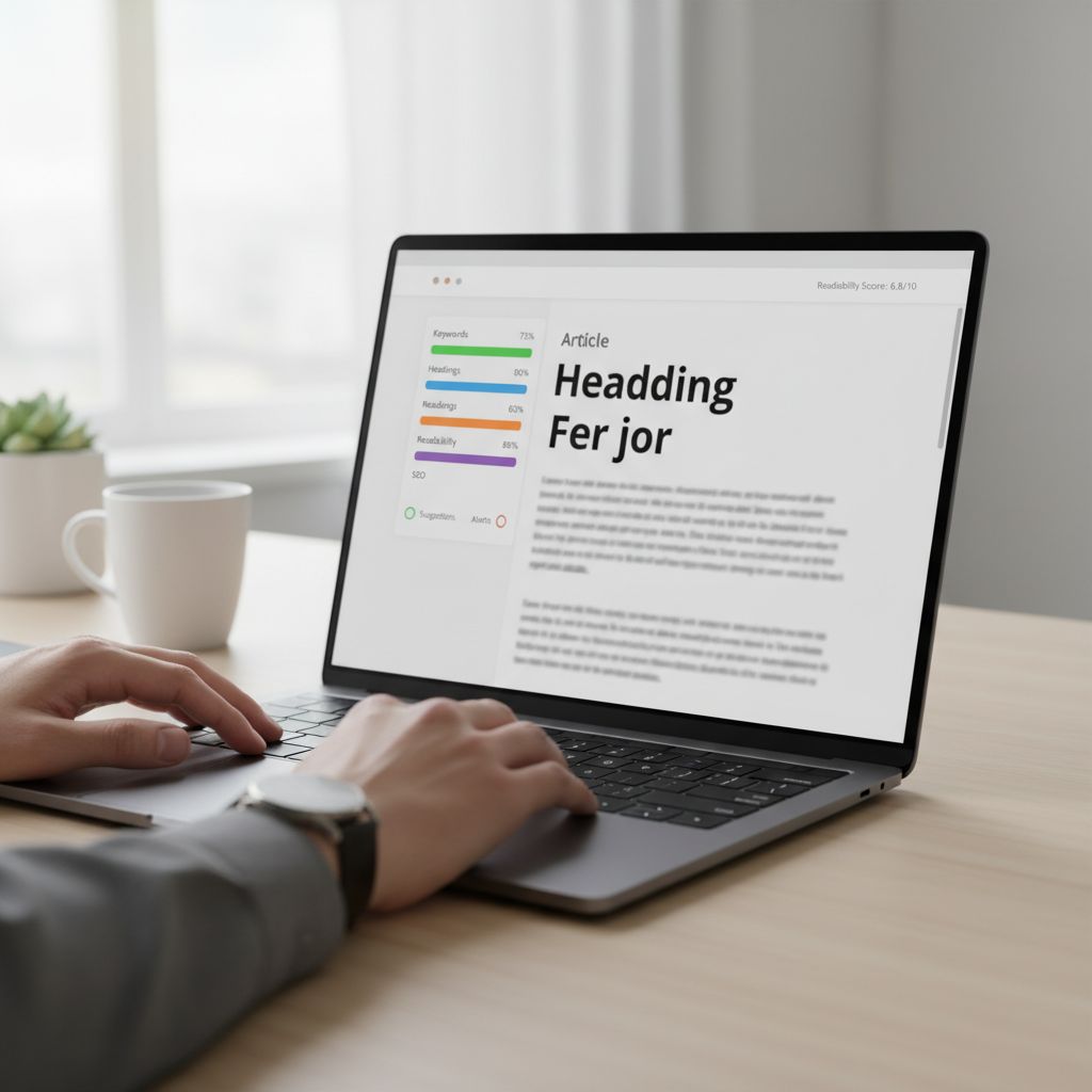 A screenshot of an AI content editor interface, showing real-time optimization suggestions for headings, keywords, and readability.