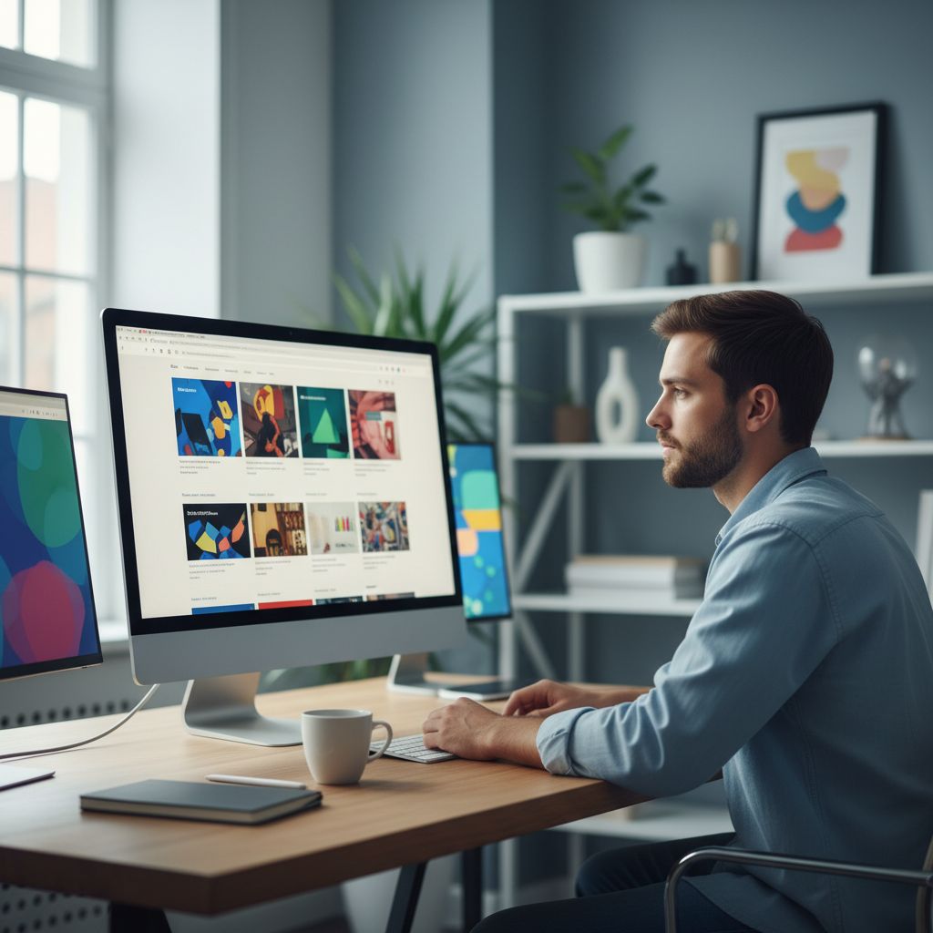 An entrepreneur deep in thought, staring at different website designs on their screen—the classic 'which one do I choose?' moment.
