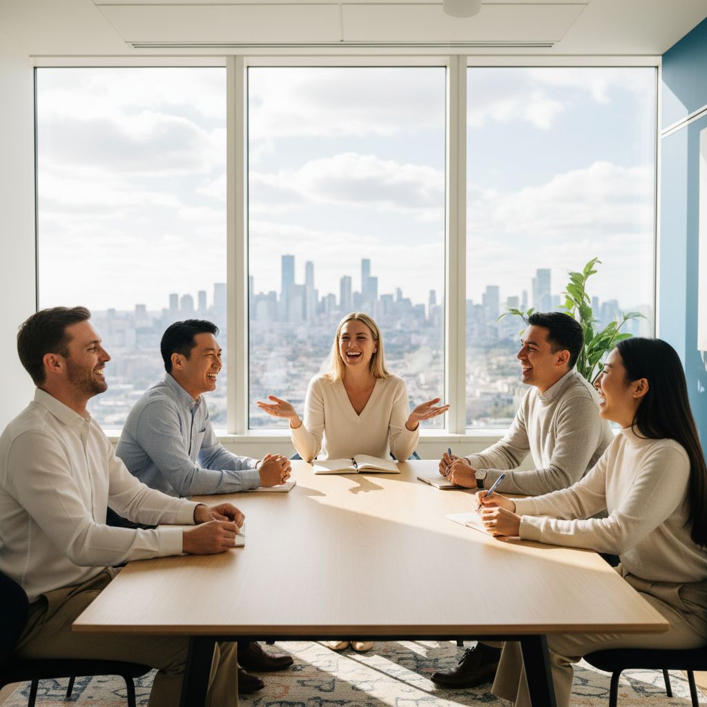 Photo d'une équipe de customer success souriante en réunion, représentant le support proactif pour les clients SaaS.